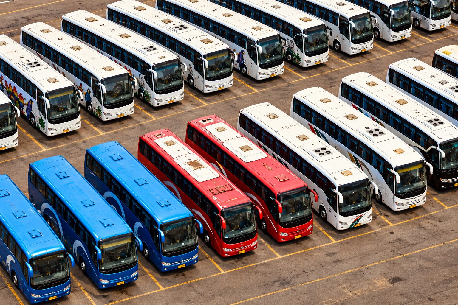 Rows of vehicles parked in a depot seen from above