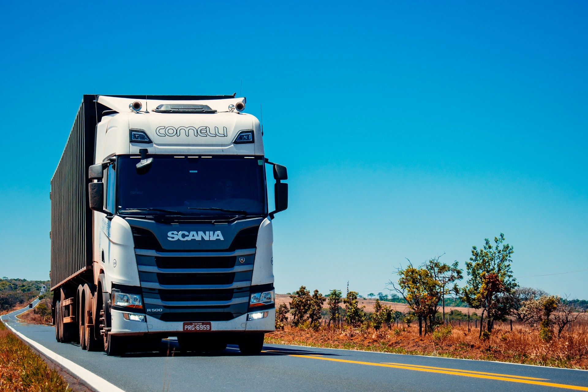 A heavy goods vehicle travelling along a road